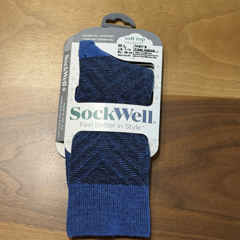SockWell Socks Mens M-L Blue Merino Wool Bamboo Fiber Optic Essential Comfort
